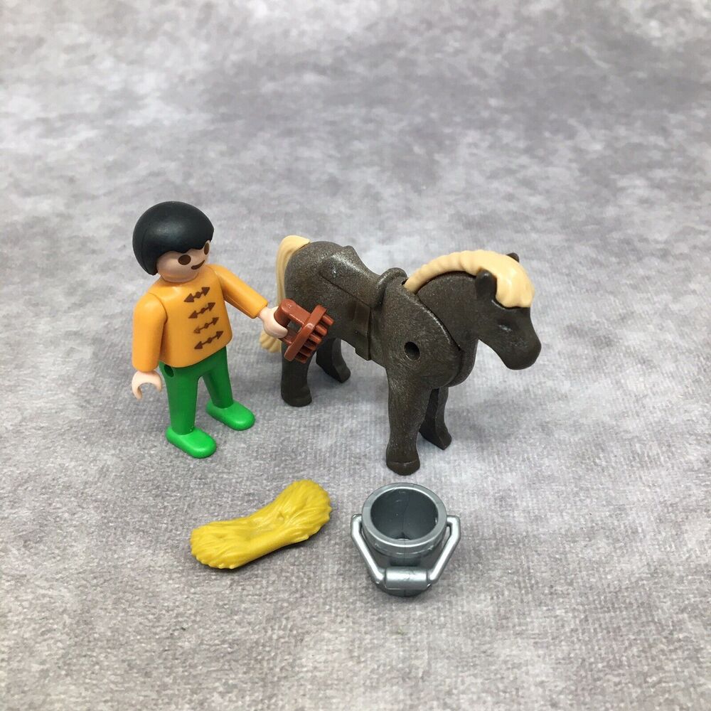 Playmobil Child Grooming Pony + Hay & Bucket-Black Hair Figure